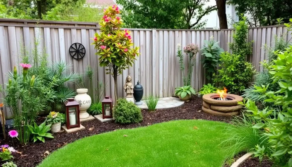 A small backyard garden with distinct focal points that draw the eye and add visual interest. A standout plant, perhaps a vibrant flower or unique tree, serves as the main feature of the garden. Decorative elements such as sculptures, lanterns, or artistic garden