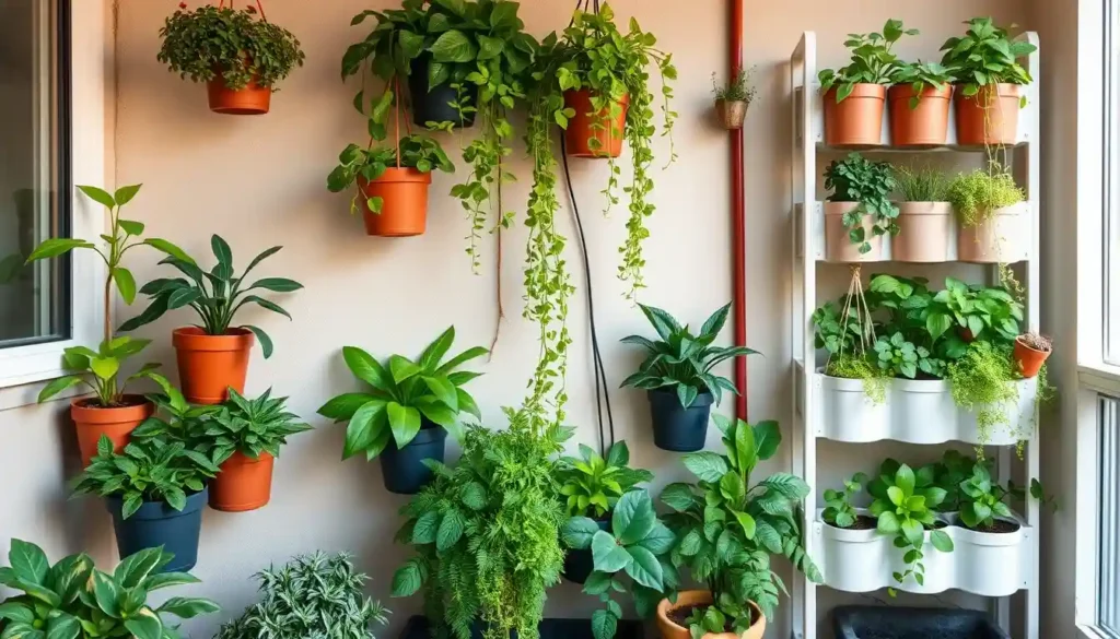 A compact and thriving vertical garden in a limited space, utilizing various creative solutions. Container gardens are placed on balconies or patios, filled with lush plants. Hanging gardens are suspended from walls or ceilings, bringing greenery indoors