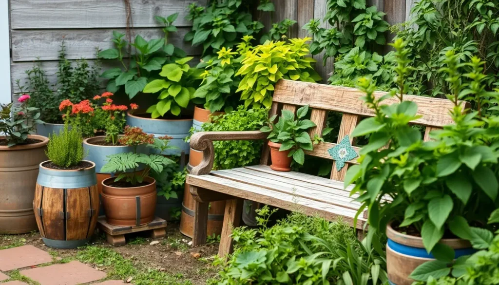 a cozy garden with recycled and repurposed elements. Pots made from old pallets and other reused materials house vibrant plants. A charming garden bench made from reclaimed wood is strategically positioned, surrounded by green