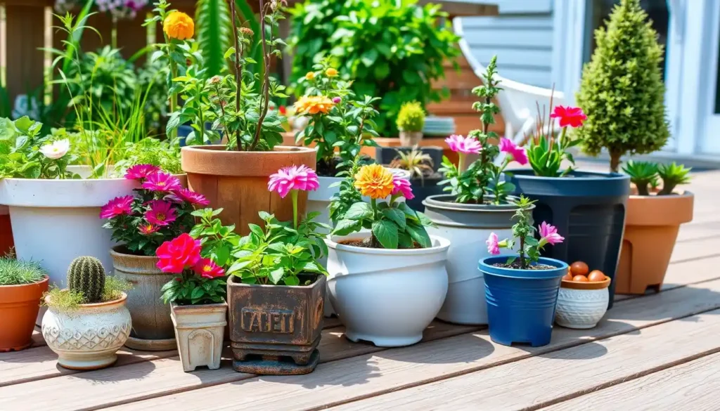 A charming container garden in a small backyard, featuring a variety of potted plants in ceramic, wooden, and plastic containers. The arrangement includes vibrant flowers, fresh herbs, and small ornamental trees, creating a lush and inviting atmosphere.