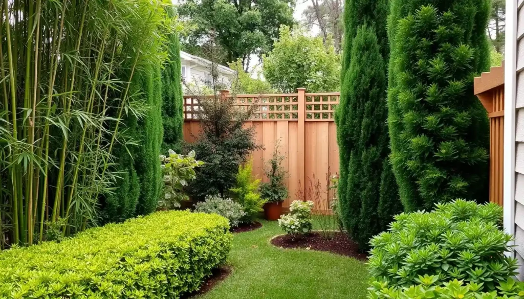 A peaceful and private small backyard garden, surrounded by natural privacy solutions. Bamboo and lush green shrubs line the edges, creating a sense of seclusion. Wooden fences or trellises add to the natural aesthetic while subtly dividing the space
