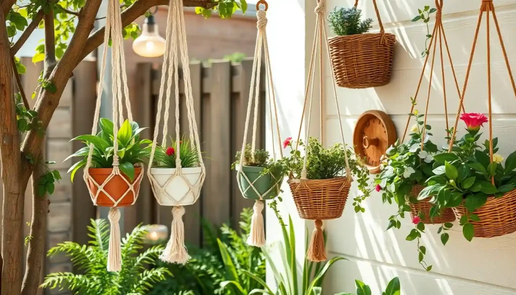 a small hanging garden, with pots hanging from trees, fences and the wall of a house. Macrame hangers hold elegant pots with green plants and colorful flowers, while wicker baskets add a rustic charm to the room