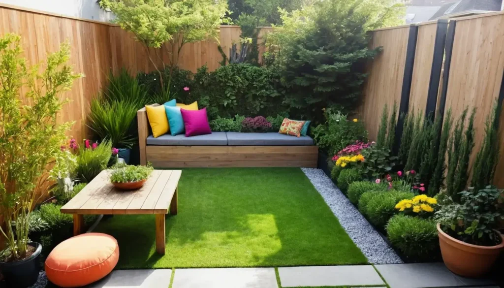 Small backyard, big potential: 20 captivating garden ideasA lush, compact garden design in a small backyard with vertical flower beds, a cozy seating area with colorful cushions, flowers blooming in raised beds and a small water fountain surrounded by greene
