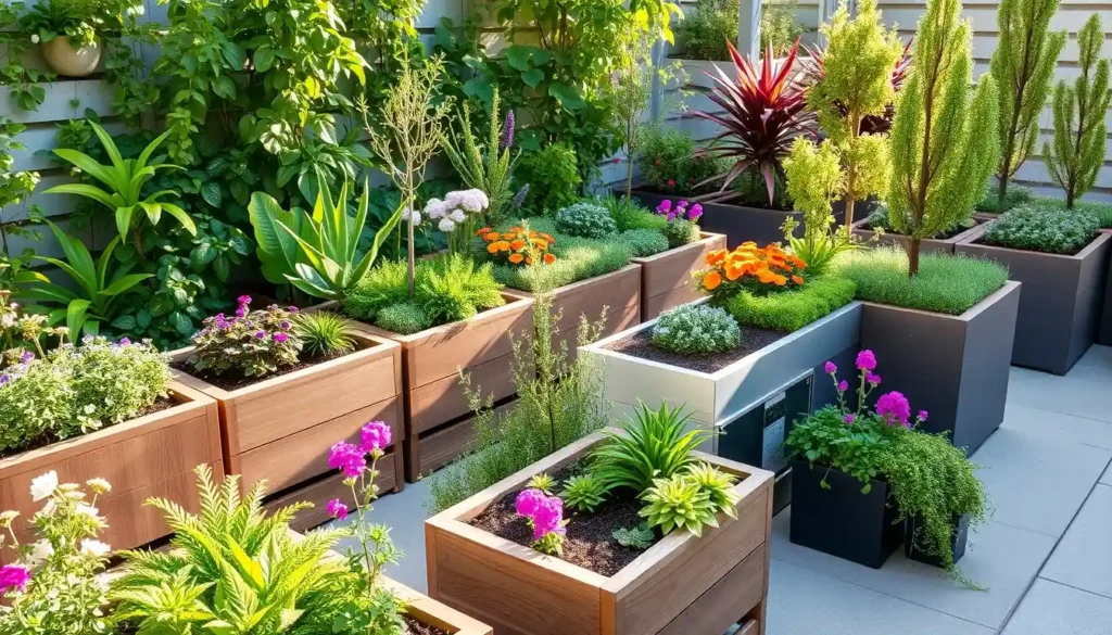 A beautifully designed modular garden system with interconnected sections, allowing for a customizable layout. The garden features lush greenery, wooden or metal modular planters, and a harmonious arrangement of flowers, herbs, and small trees